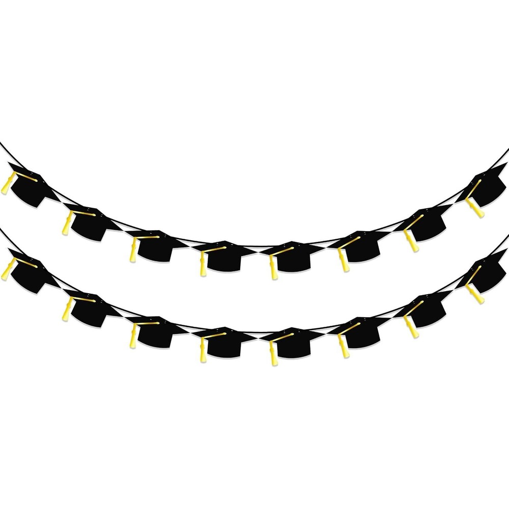 Graduation Cap Banner 2 Pack Black Yellow Tassel Mortarboard Garland 9.8ft Decor